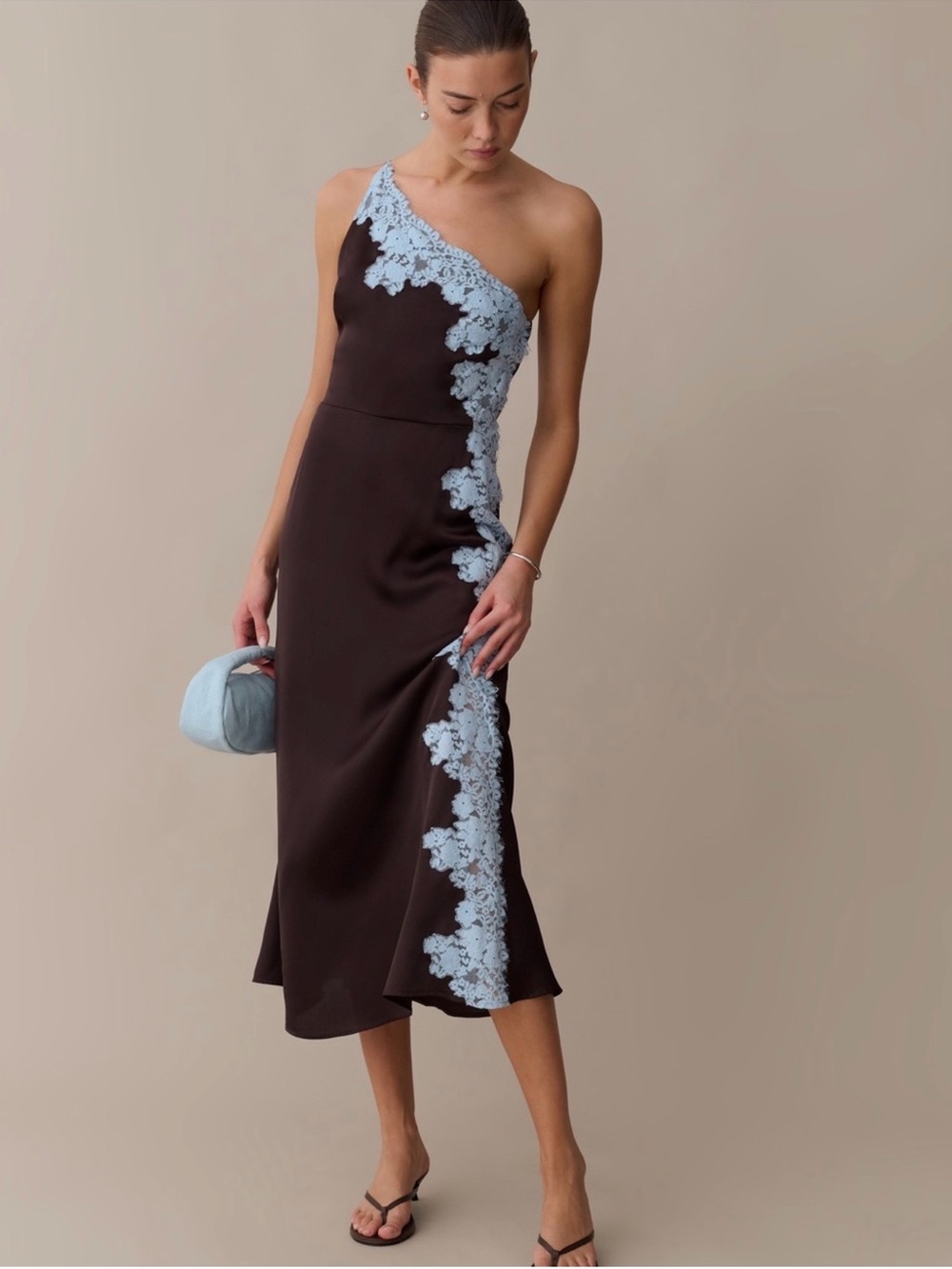 NWT Few Moda Aiko One-Shoulder Brown Midi Dress with Light Blue Lace Detail